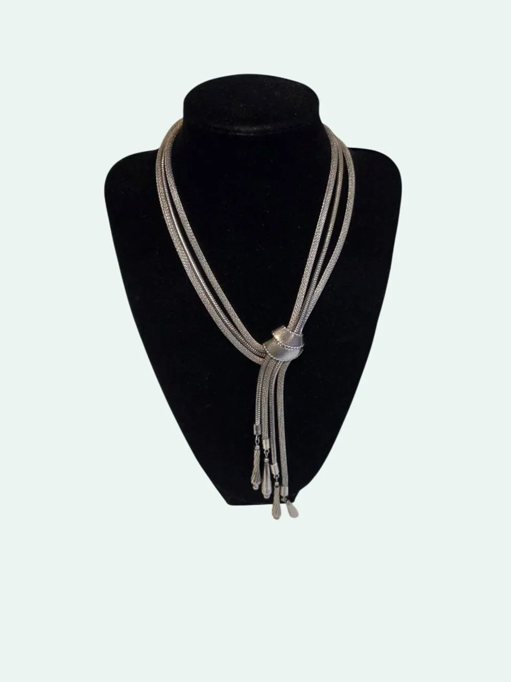 Vintage Multi-Strand Lariat Silver Necklace & Clip-On Earrings Set With Tassels